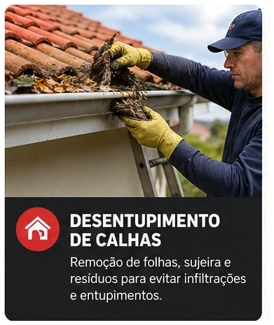 Profissional removendo folhas e sujeira de calha em telhado residencial em Curitiba